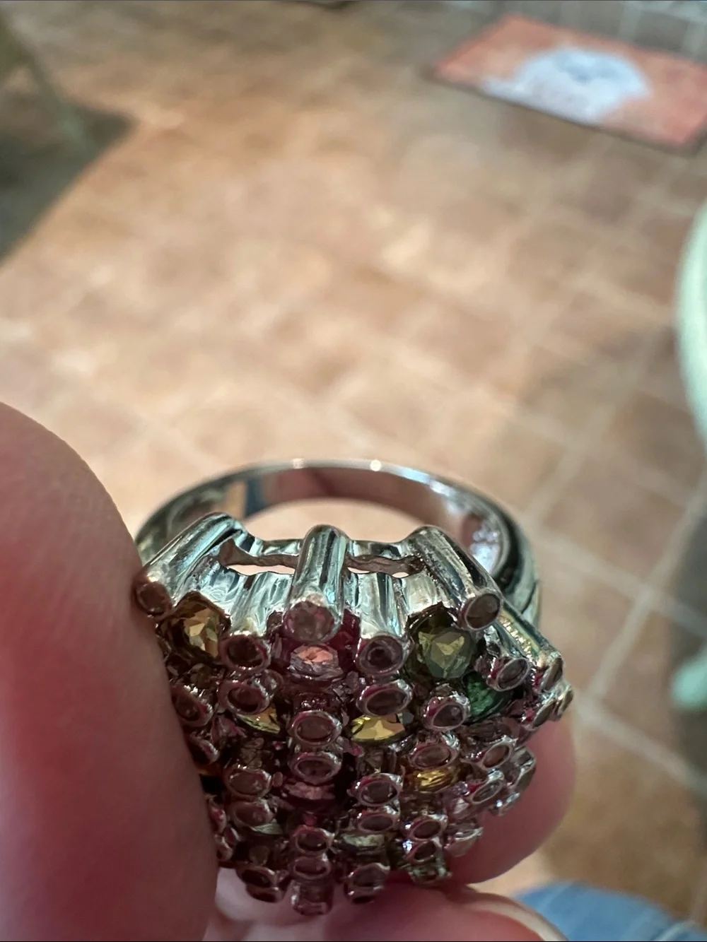 Multicolor Gem Cluster Ring in Silver Tone - Women Jewelry